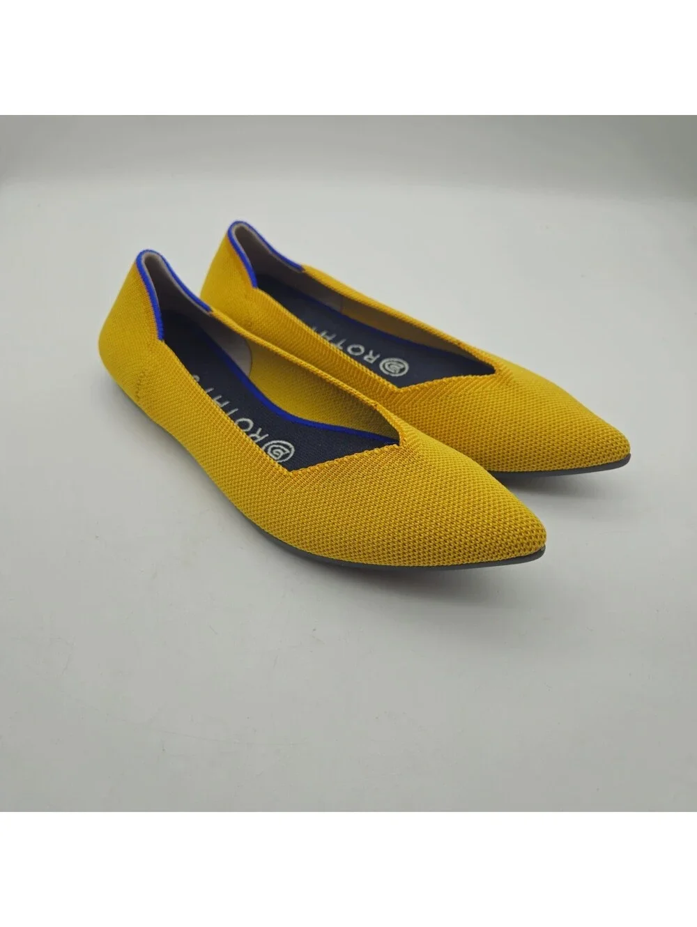 Rothys Ladies 7.5 Point Marigold Yellow Blue Heel Accent Mesh Upper Slip On NEW